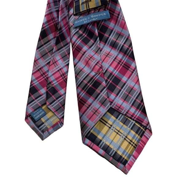 HAINES & BONNER Blue Plaids & Cheks Silk Tie HANDMADE 60"/ 3.5" EC - Picture 3 of 3